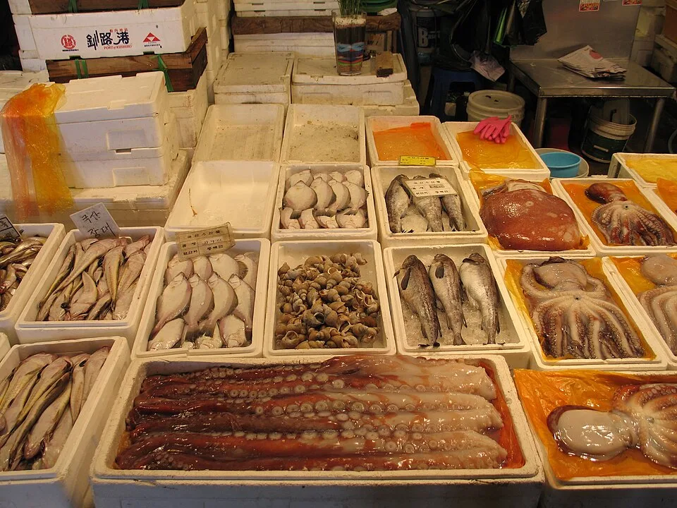 스티로폼 상자에 담긴 여러 가지 수산물
