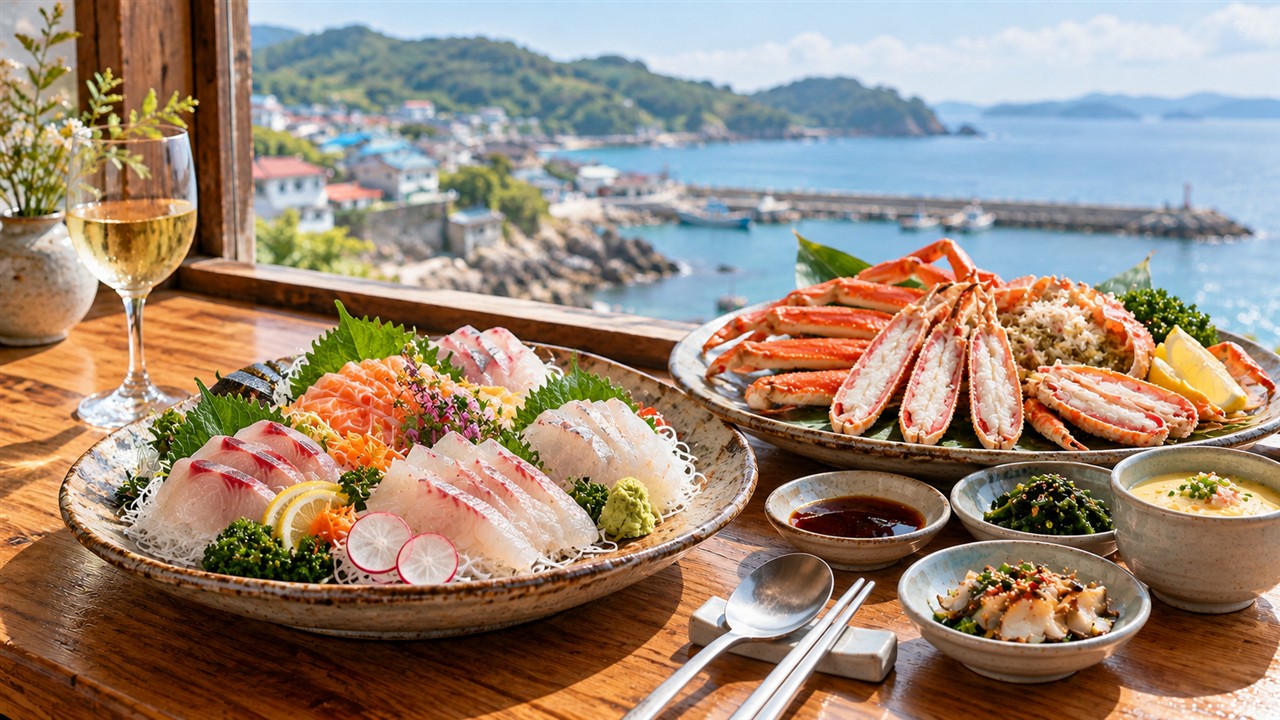 바다가 보이는 창가에 차려진 회와 대게 한 상